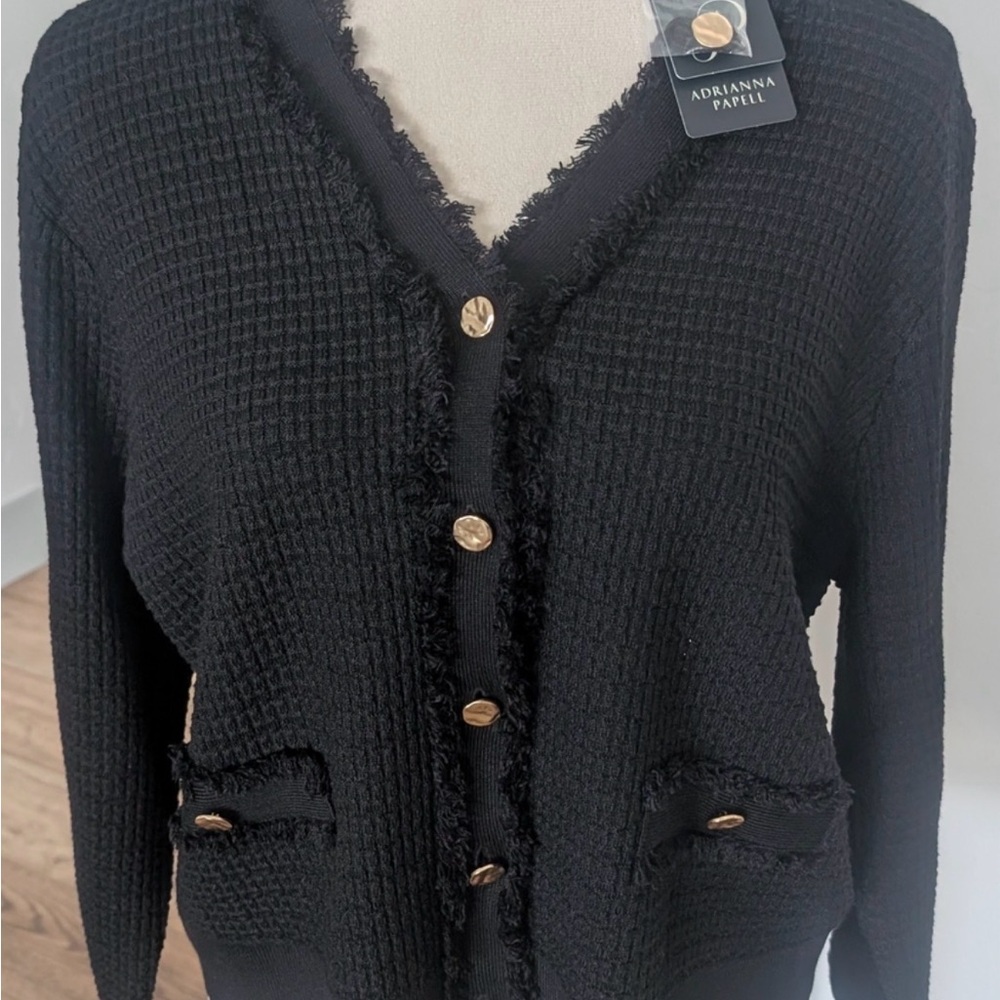 Adrianna Papell Black Textured Cardigan gold buttons frayed